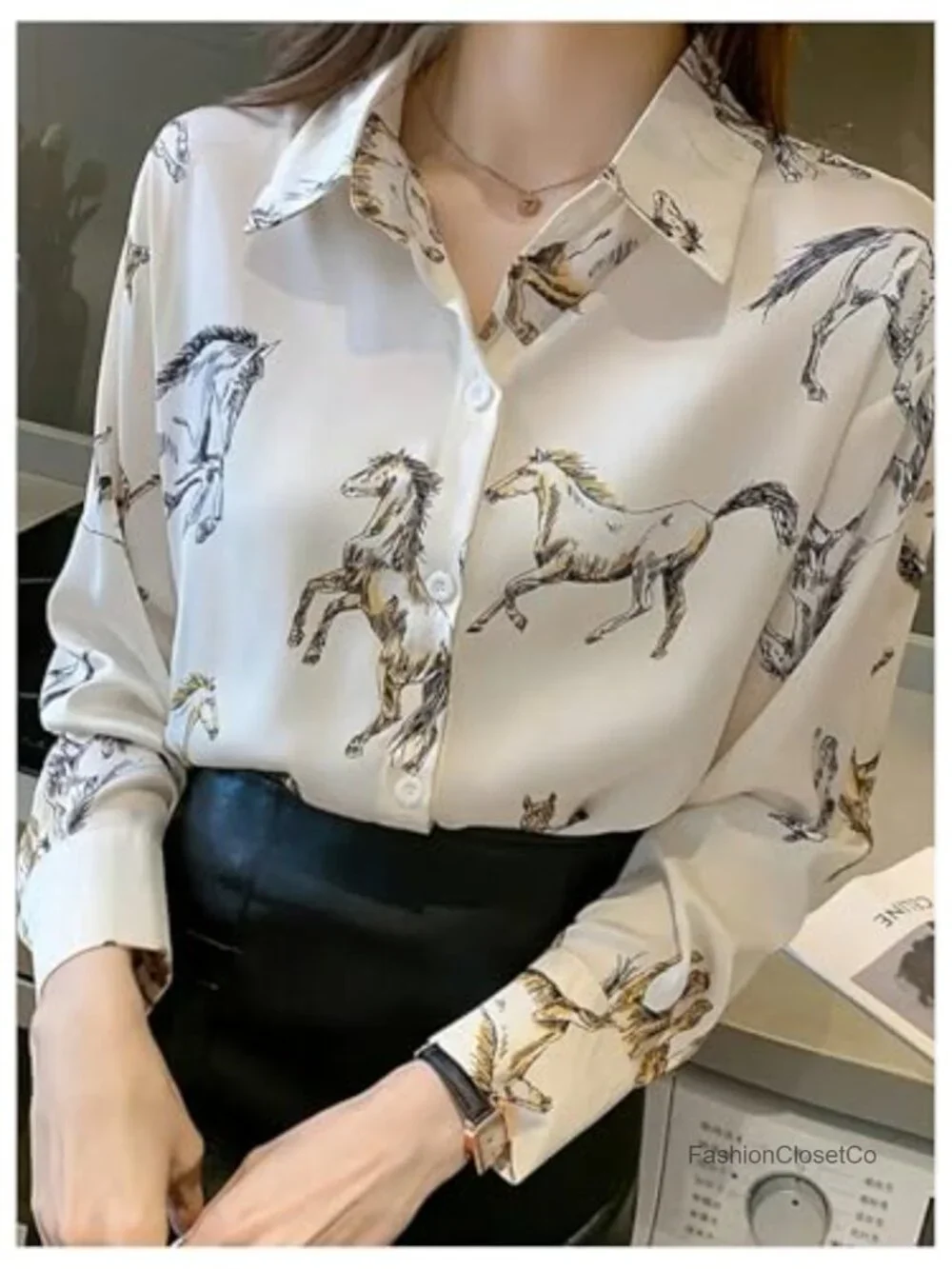 Polyester Graphic Horse Print Long Sleeve Button Down Shirt Blouse Western Top - Picture 4 of 4